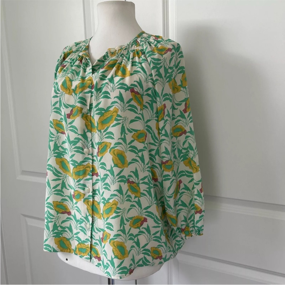 $295 TUCKER size XS Silk CLASSIC BLOUSE Yellow pink Green Poppies fits S M L 50"